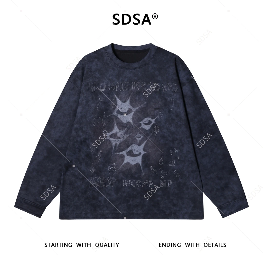 SDSA男士秋冬新款轻奢痞帅男装抽象字母印花圆领长袖T恤宽松高街