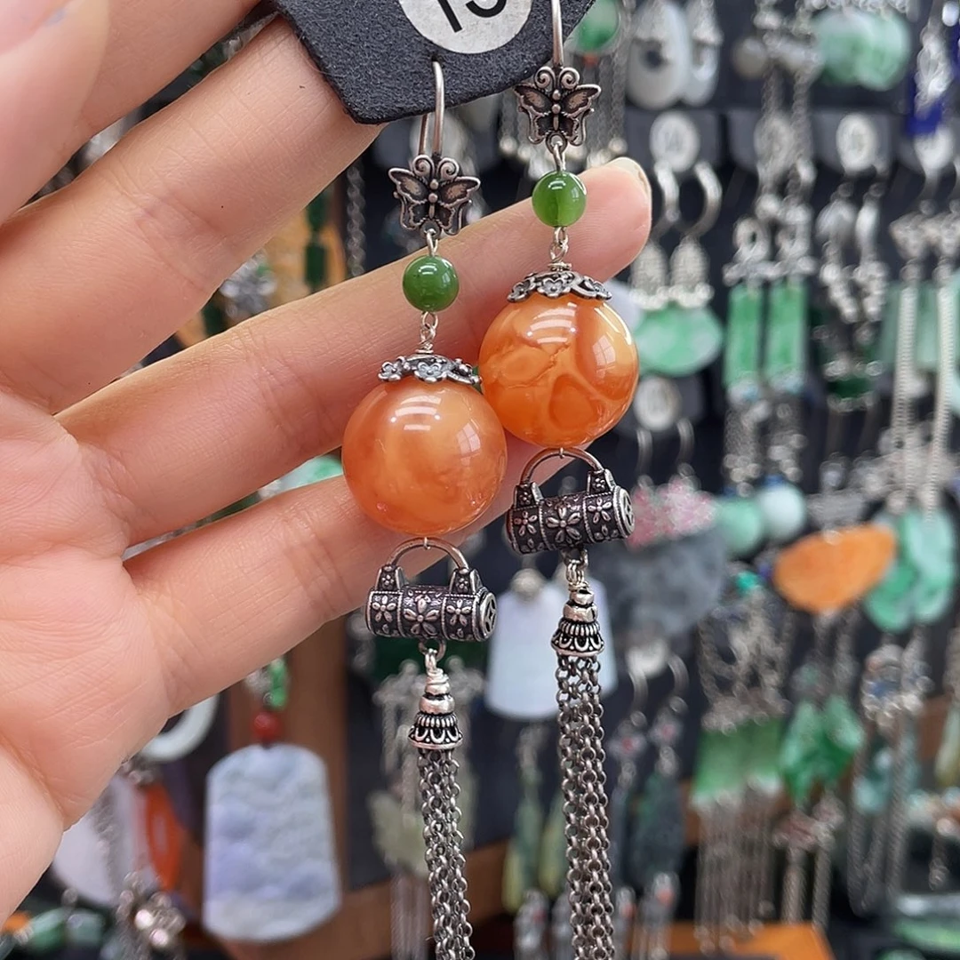 银S925镶嵌琥珀耳饰豆*?338gbbhhj