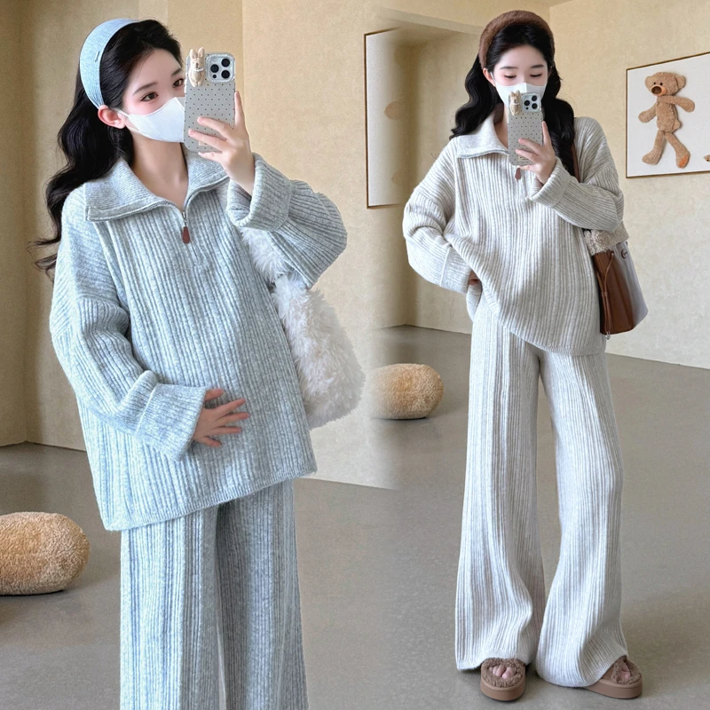 孕妇秋冬通勤穿搭套装韩版气质宽松针织卫衣上衣裤子慵懒风外出装