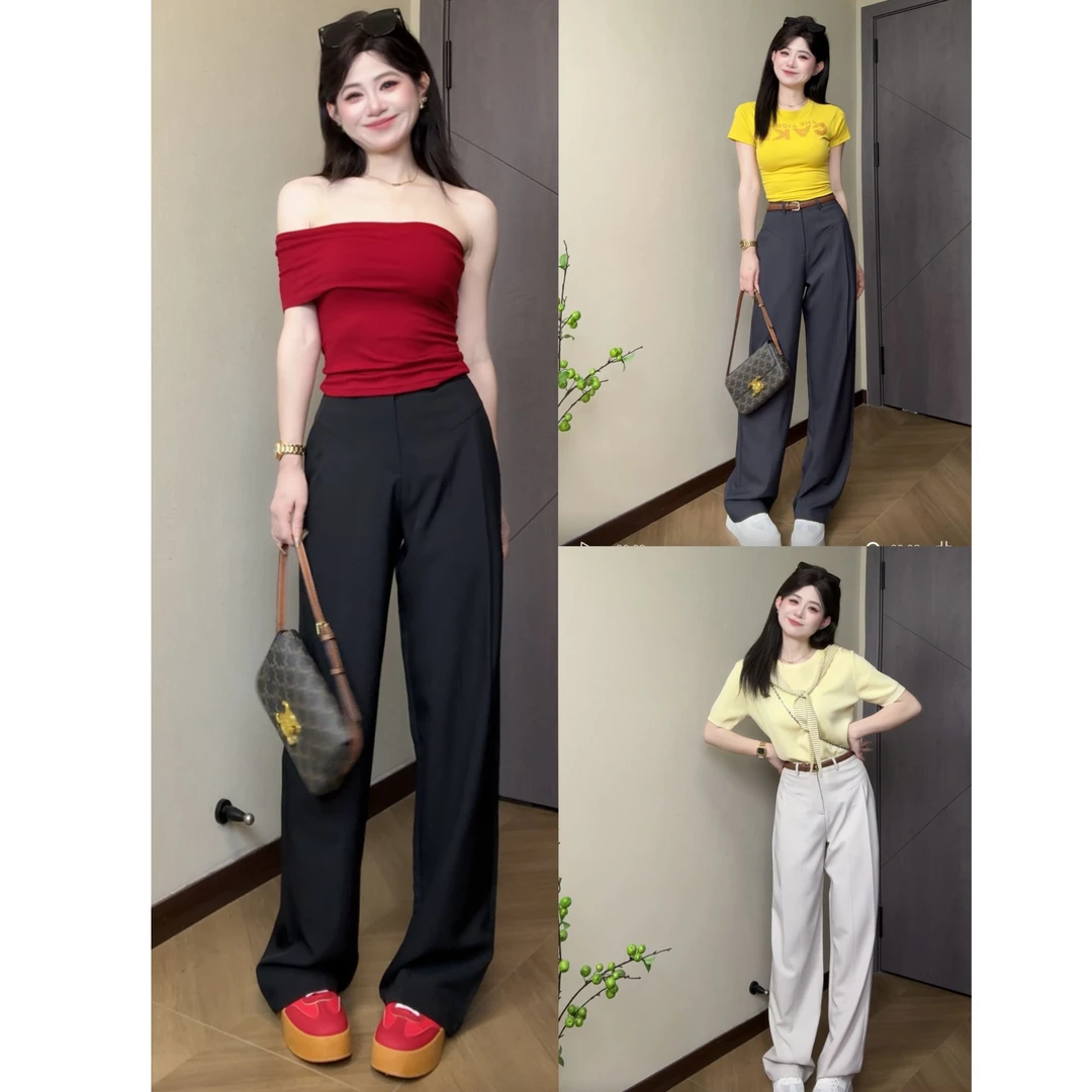 黑色阔腿西装裤女2025年夏季款高腰垂感休闲裤小个子直筒拖地长裤