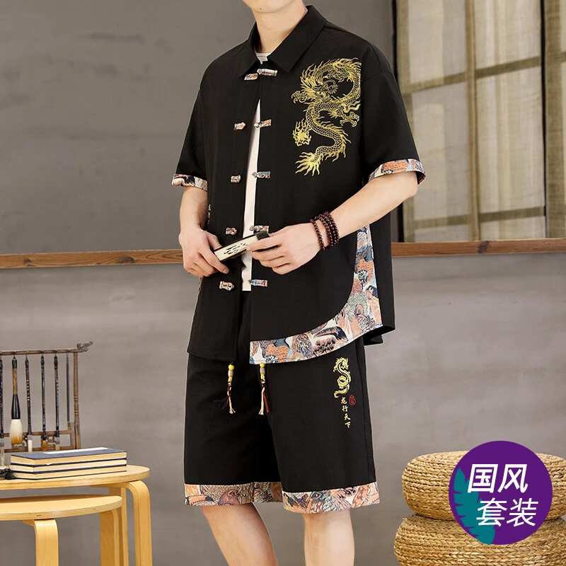 休闲衬衫男款套装夏季薄款冰丝短裤两件套一整套中国风男装穿搭潮