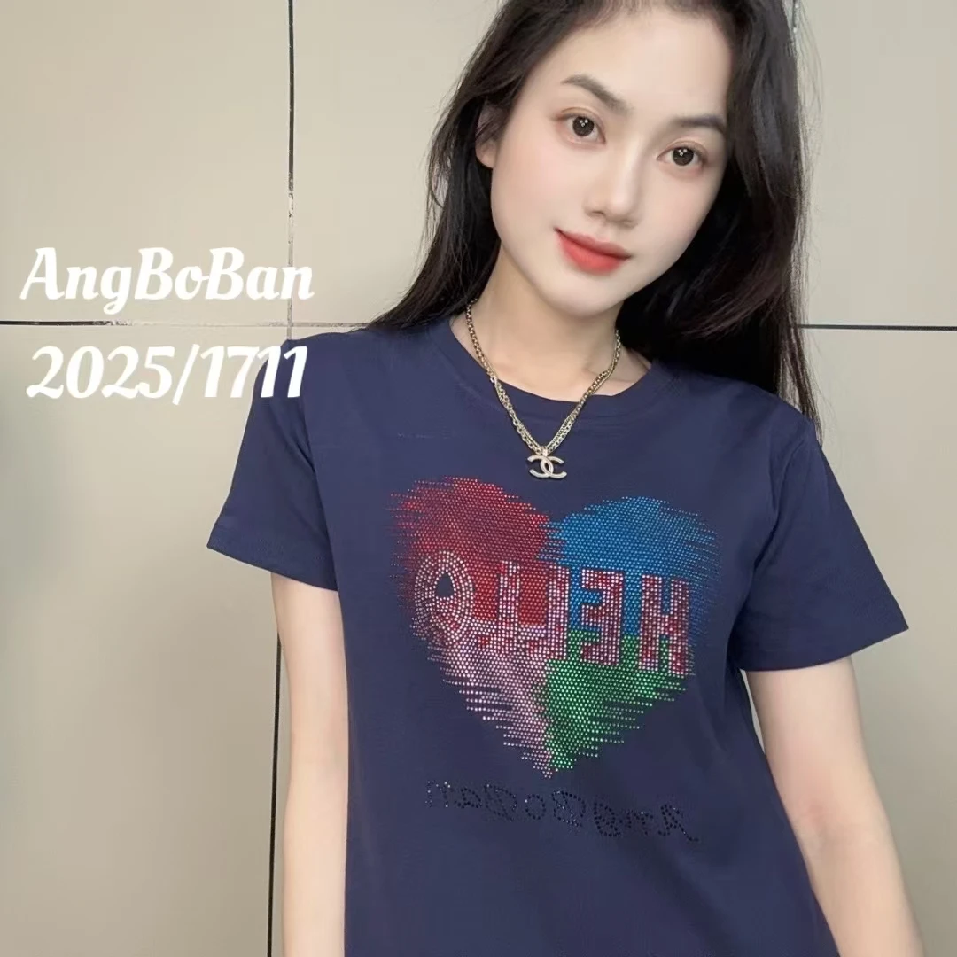 AngBoBan2025新款短袖 烫钻爱心100%纯棉短袖圆领修身显瘦T恤女