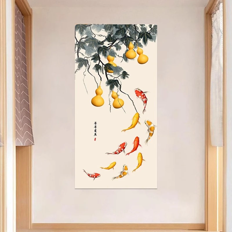 九鱼图连年有余招财自粘画玄关入户客厅背景墙纸装饰画背胶窗贴画