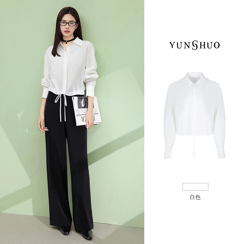 允硕夏季新品时尚百搭女装短款白色欧若风显瘦简约绑带衬衣339797