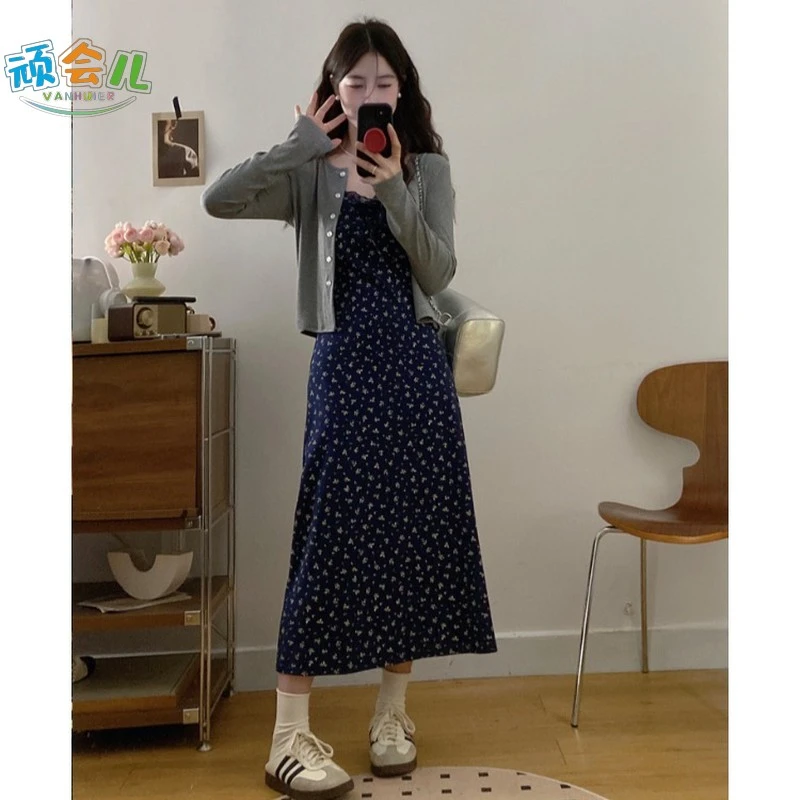 大码法式针织连衣裙女春季梨形身材蕾丝吊带裙胖MM遮