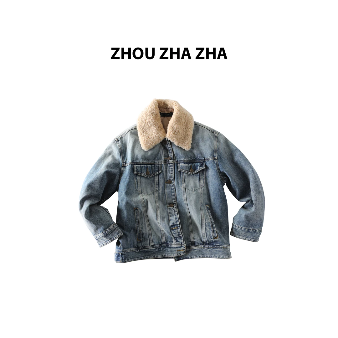 【周炸炸】澳羊毛领 牛仔棉服怀旧洗褪复古廓形金属扣外套#256321