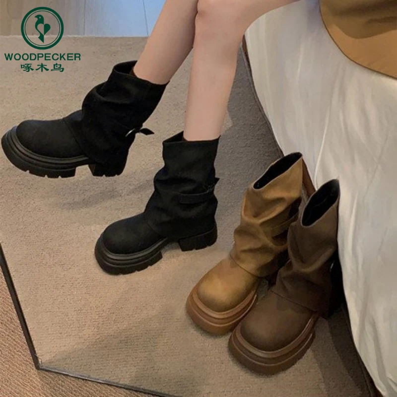 啄木鸟短靴女秋冬季2024新款裤管靴厚底爆款马丁靴美拉德初秋靴子