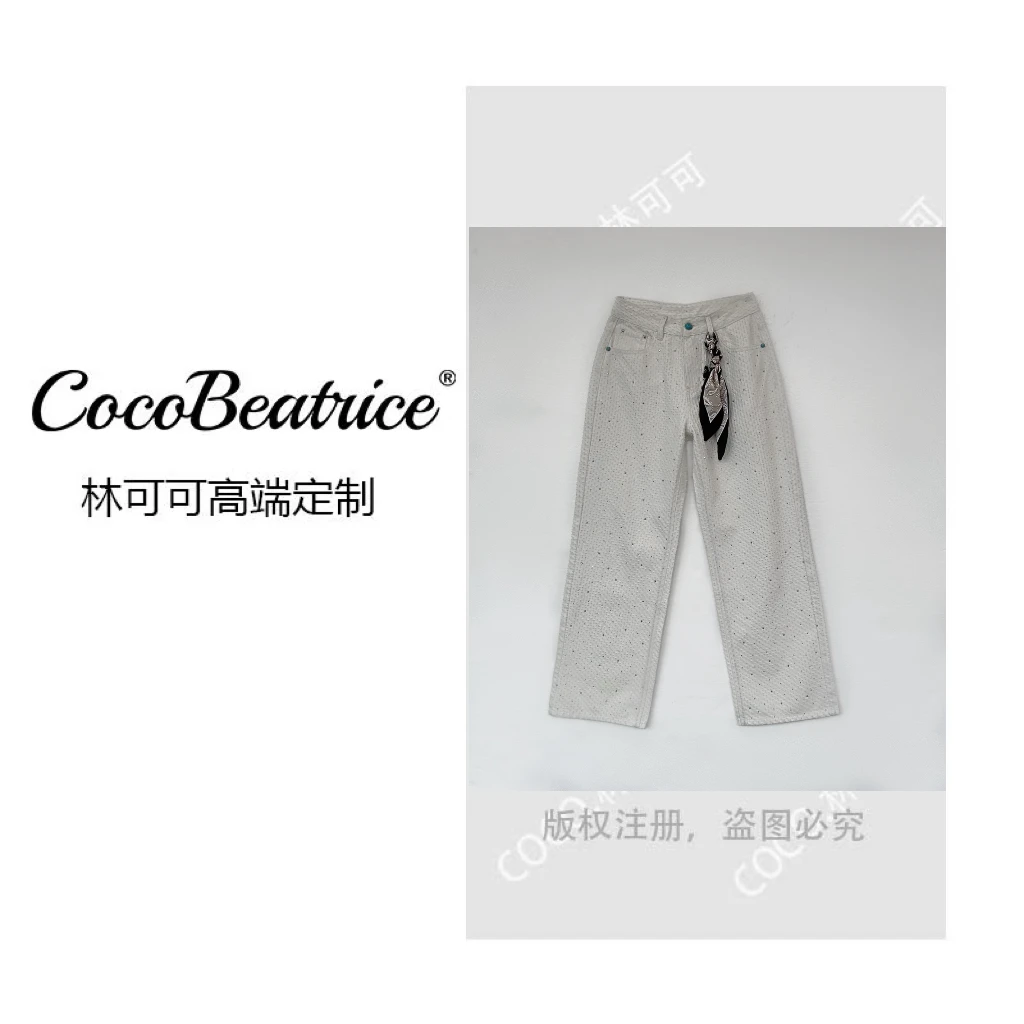 【COCO林可可】2025早秋新款百搭白色气质烫钻中高腰窄版直筒裤