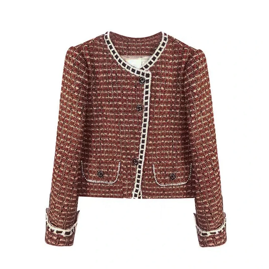 ！女士红色格子粗花呢小香风外套E468