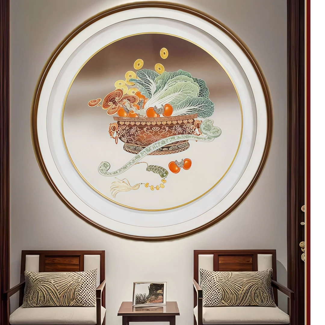 《百财聚来》圆形铜雕画、家用餐厅墙面、玄关装饰画、铜板雕刻，品质高