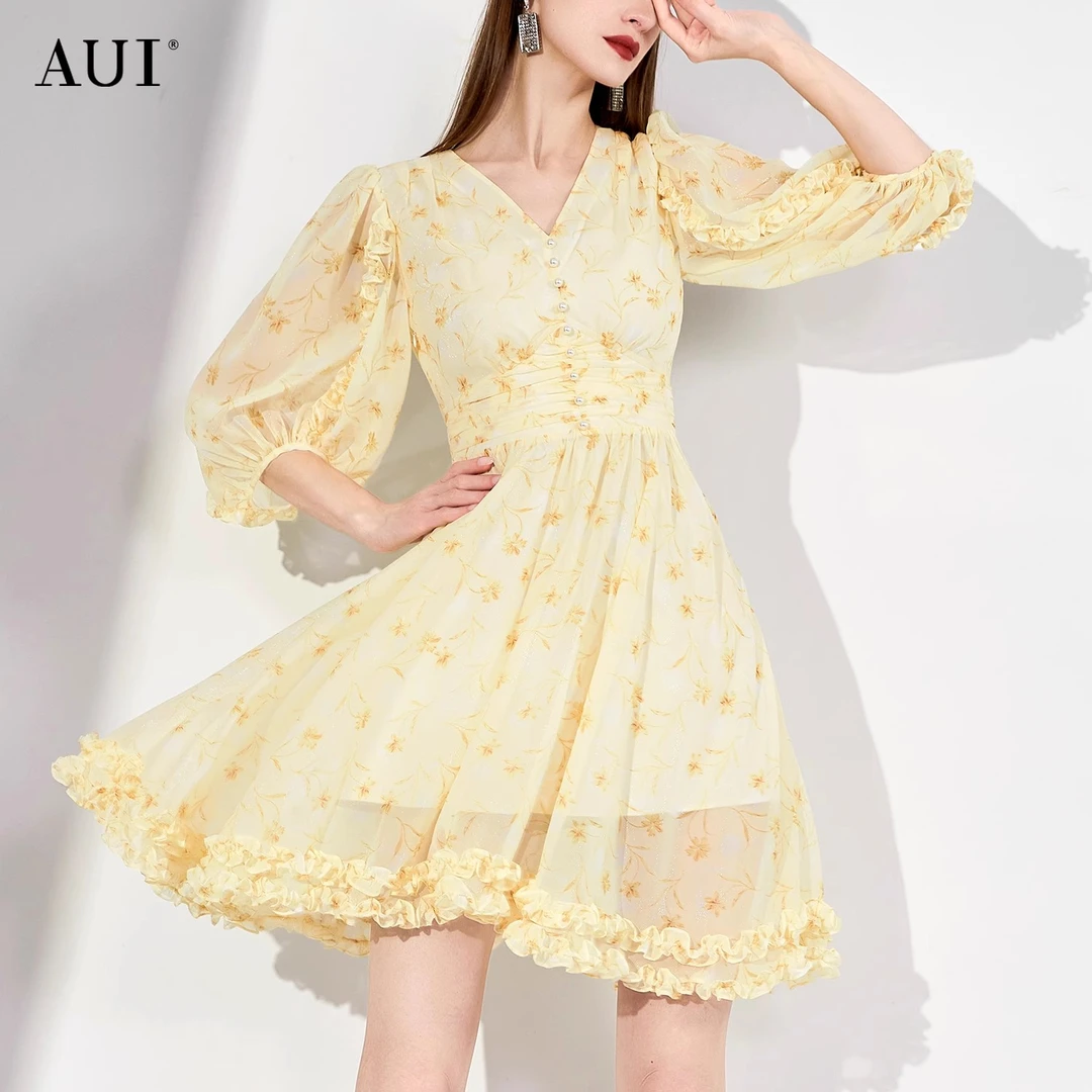 【诗语专属】AUI黄色灯笼袖气质印花雪纺连衣裙-23C012252