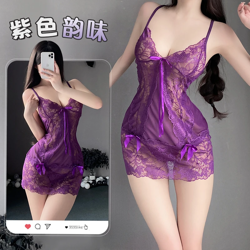 惹火猫紫色韵味睡裙蝴蝶结性感深V睡衣裙纯欲蕾丝美女黑色蕾丝