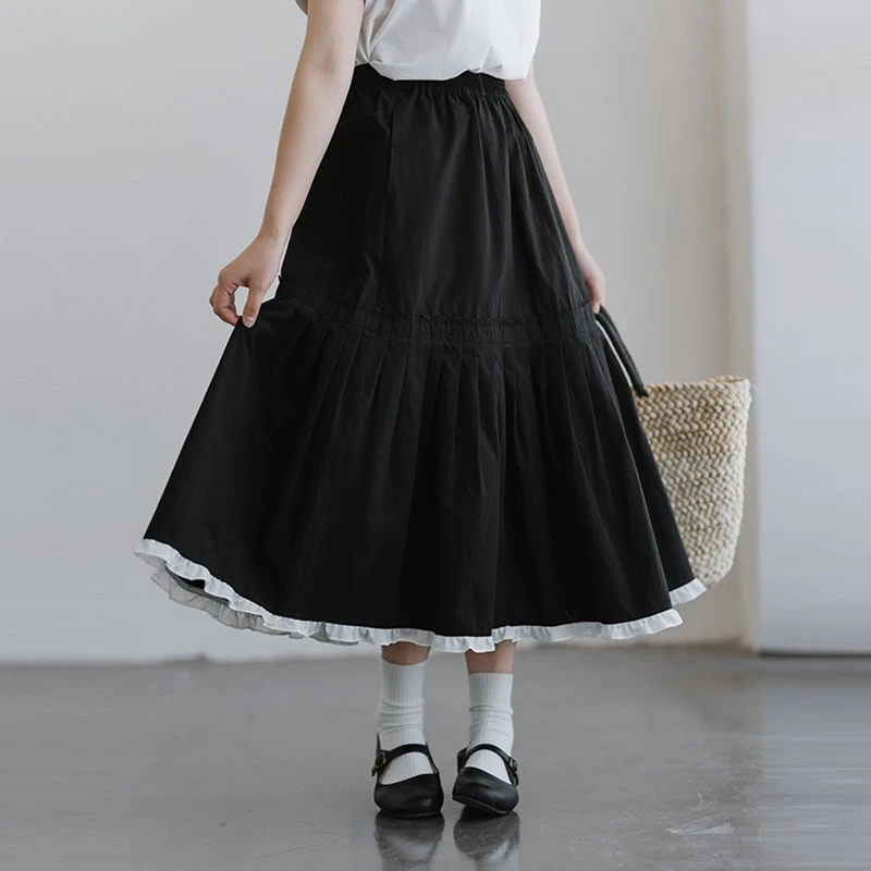 古苔黑色花边半身裙60支新疆长绒棉轻薄显瘦通勤裙子