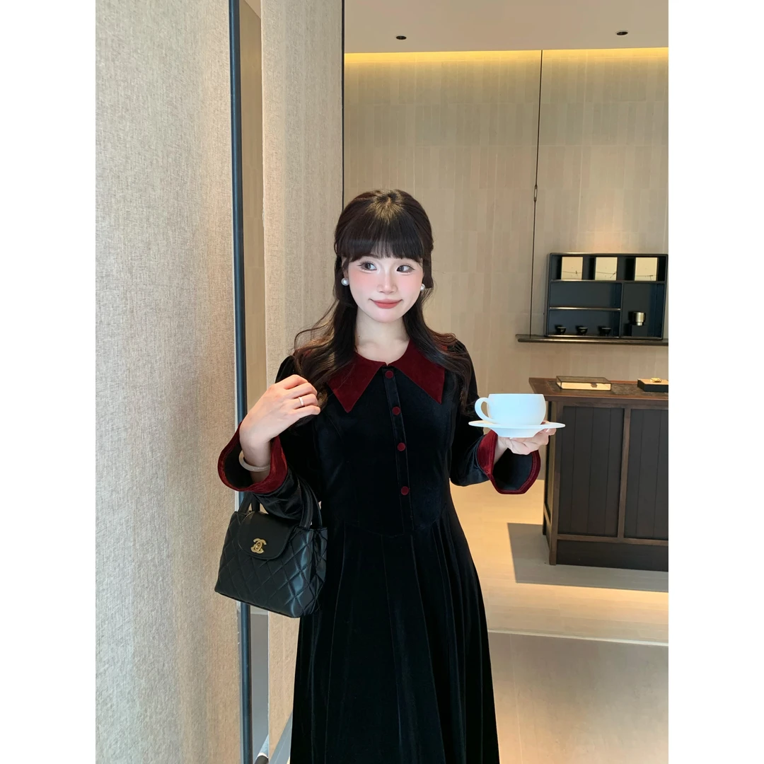 【红酒黑巧】Dottie Ting（TT）秋冬赫本丝绒黑裙收腰显瘦优雅连衣裙