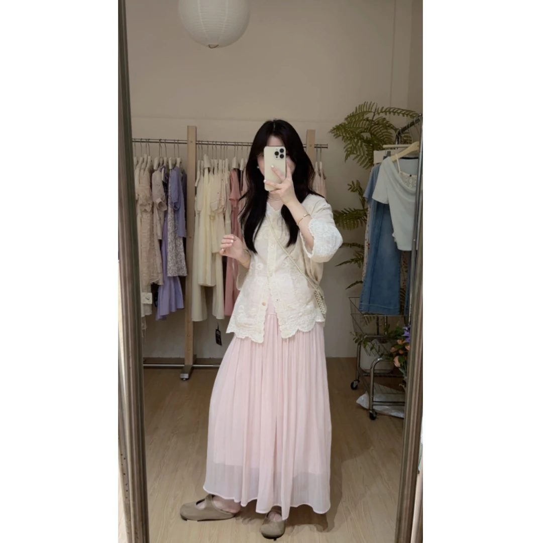 韩系蕾丝提花刺绣七分袖衬衫女夏巨好看时尚减龄宽松别致上衣5877