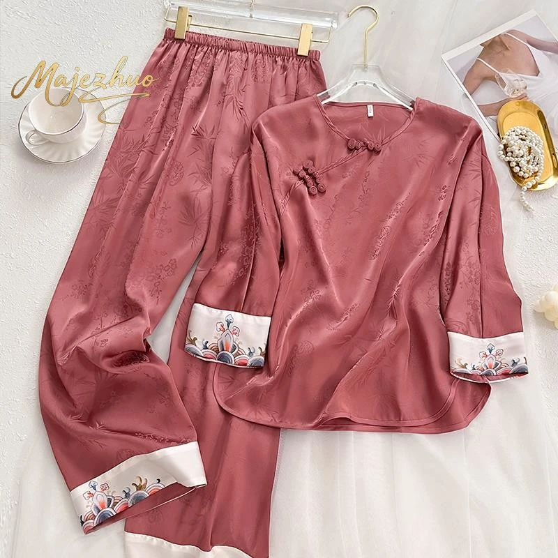 新国风真丝睡衣女春秋款长袖100%桑蚕丝家居服套装砖红盘扣古典美