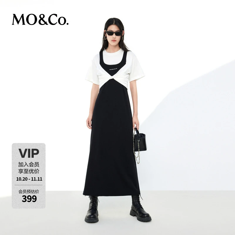 MOCO春季假两件T恤背心连衣裙设计感捏褶收腰MBC1DRST12