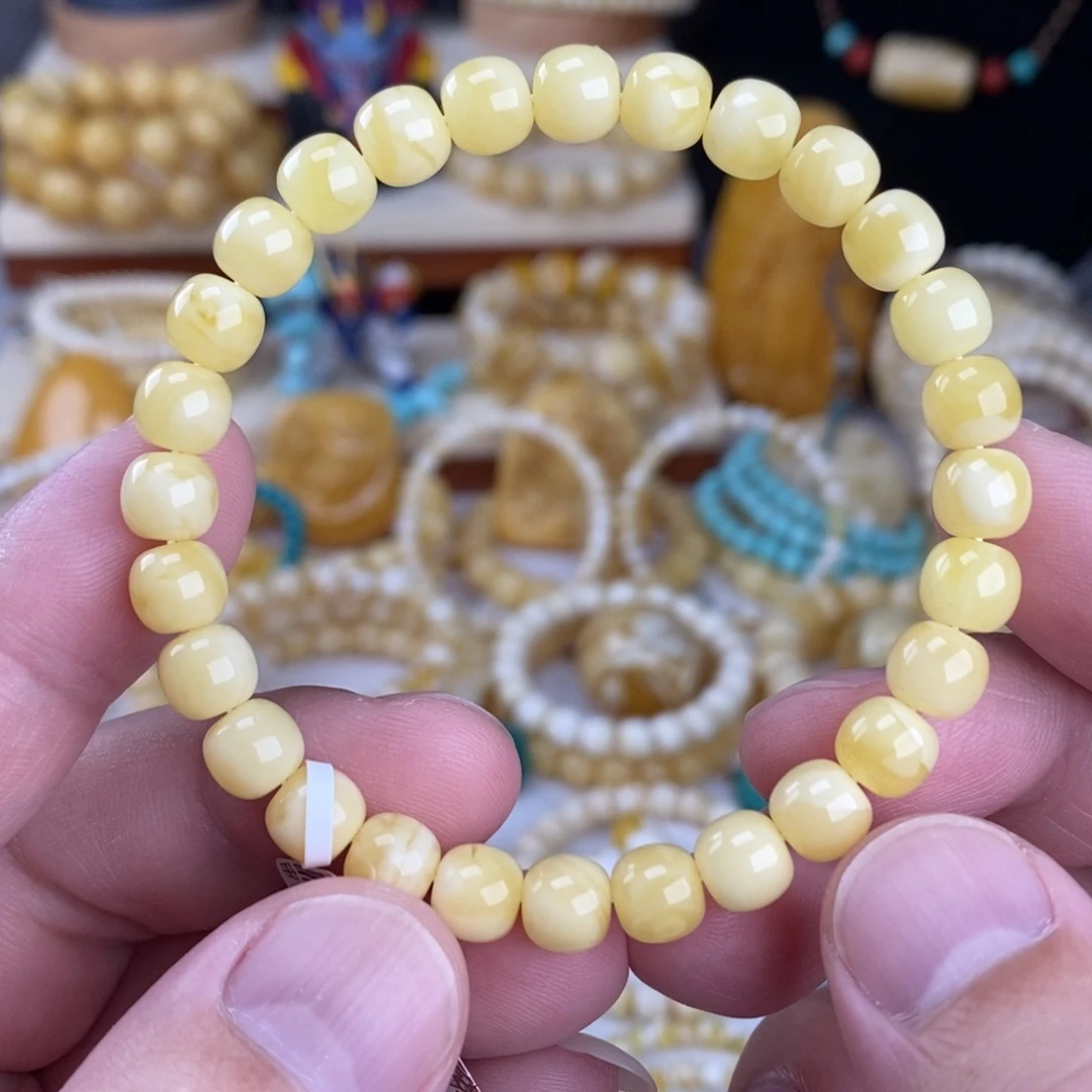 蜜蜡未镶嵌手链浓蜡瓷白花7.6mm高桩