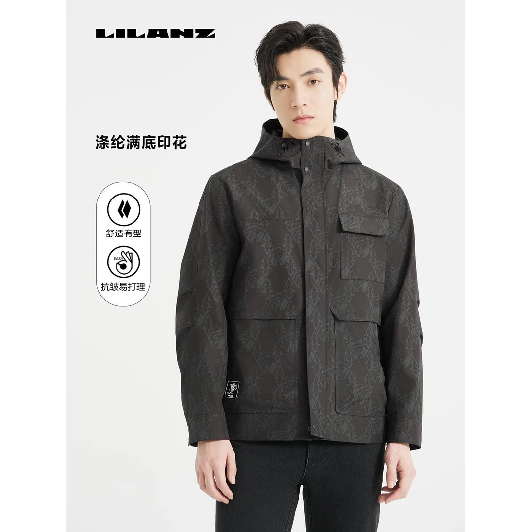 Lilanz/利郎秋季户外风衣中长款印花连帽外套-黑色 (24QFY0031Y)