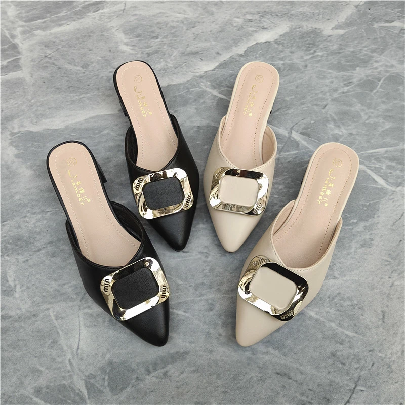 方扣包头拖鞋女2025年秋季新款粗跟法式尖头半拖鞋外穿穆勒凉拖鞋