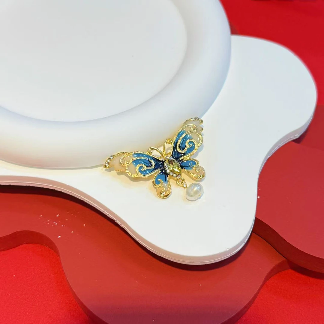 烤蓝蝴蝶珍珠胸针HNZ9684