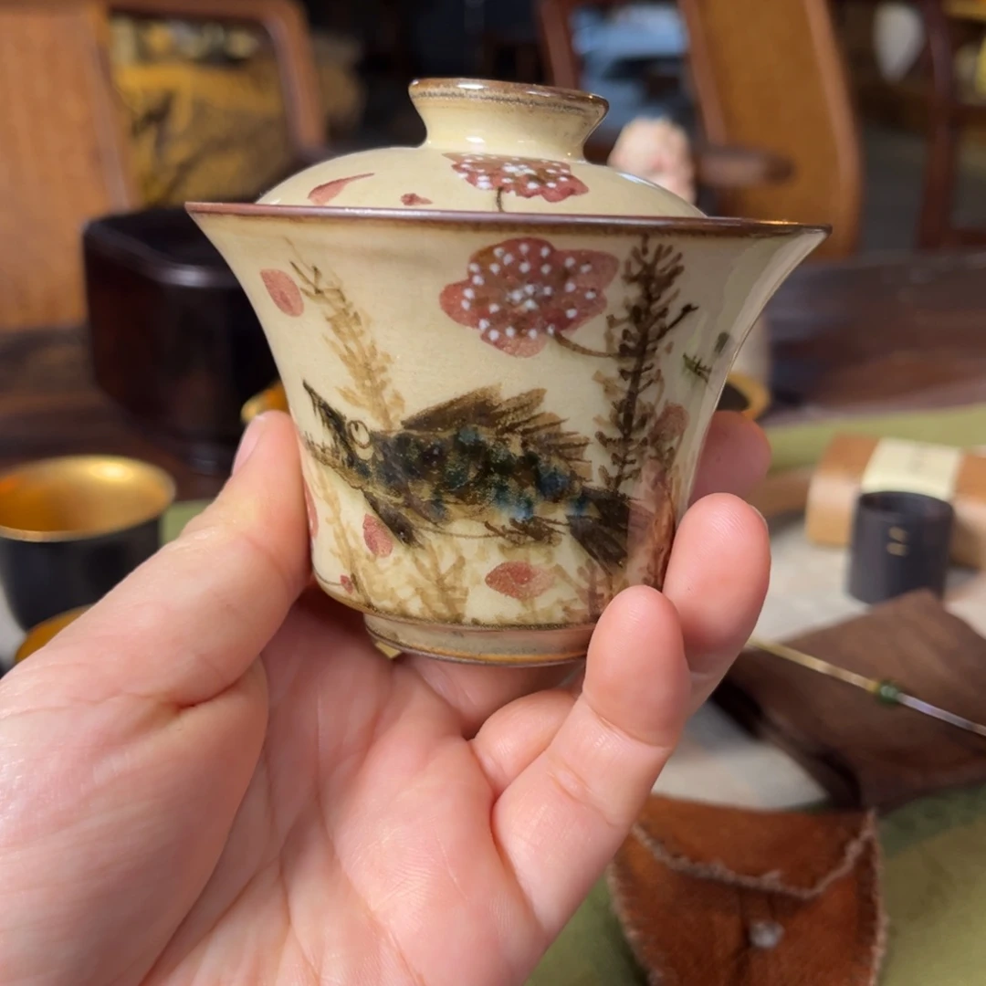 手工 柴烧 鳜鱼盖碗