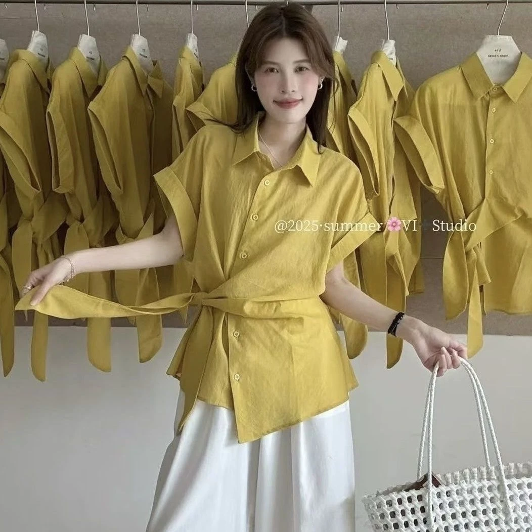 不对称绑带收腰气质落肩短袖衬衫女夏季新款设计感多巴胺显瘦上衣