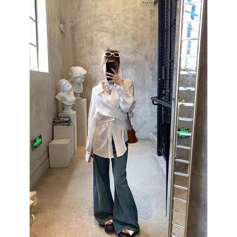 大码春季慵懒风气质交叉衬衣收腰显瘦长袖上衣349#