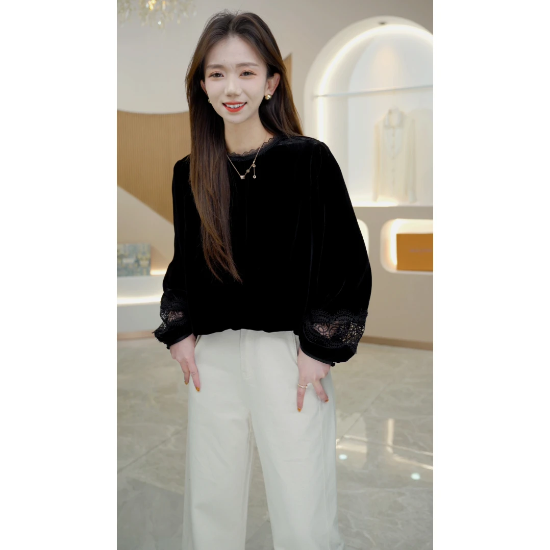 R H 真丝丝绒！新款洋气时尚显瘦新中式镂空袖衬衫H921408