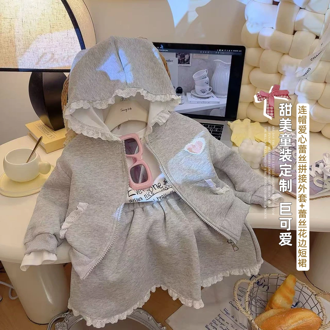 女童甜美连帽爱心蕾丝拼接外套蕾丝童装花边短裙儿童秋季套装小童