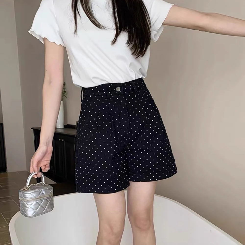 2488#夏季波点牛仔短裤休闲时尚显瘦高腰A版阔腿短裤