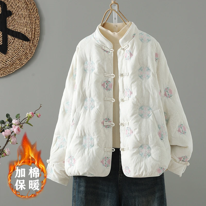 2025时尚新款复古洋气重工刺绣新中式盘扣秋冬保暖立领加厚棉服女