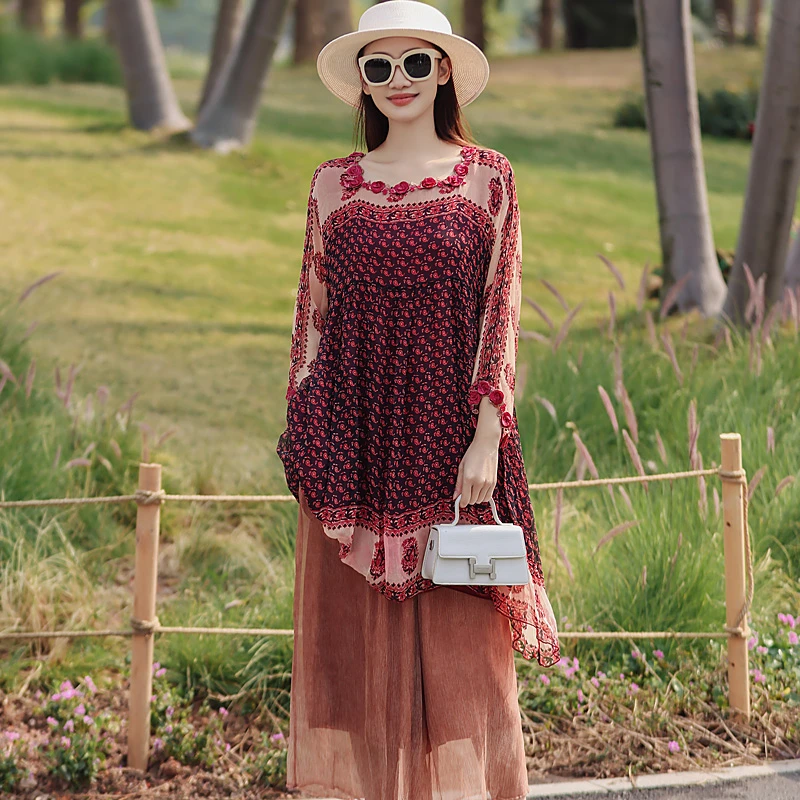 拜占庭的森林桑蚕丝连衣裙大码女装小个子时尚高档百搭印花A字裙