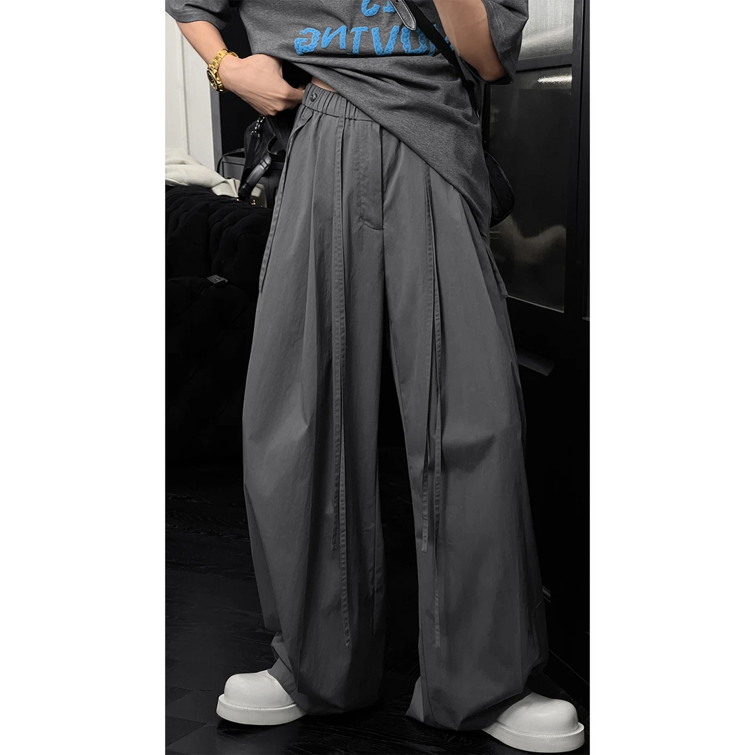 龙叨叨夏季新品简约设计款轻薄百搭休闲裤男纯色宽松阔腿裤长裤潮