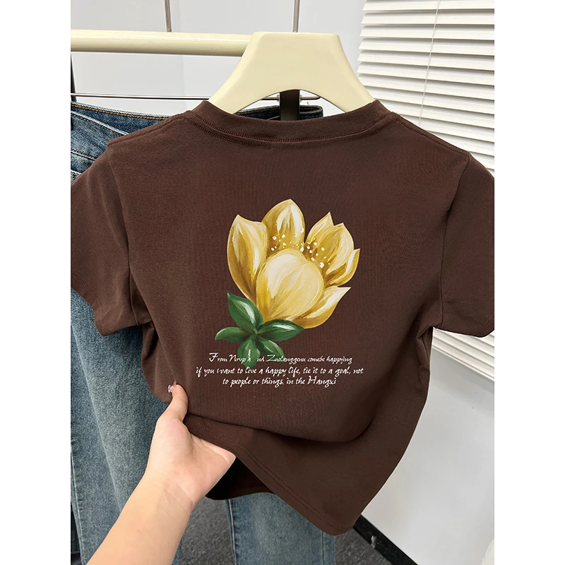 2025春夏新款女装花朵印花短袖t恤小衫时尚百搭正肩显瘦圆领上衣