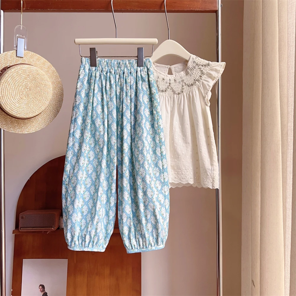 现货【蓝色碎花裤】5259纯棉束脚长裤女童夏季洋气时尚碎花防蚊裤子