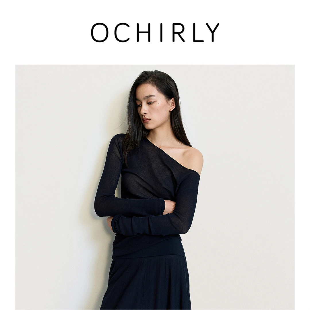 OCHIRLY欧时力 醋酸棉长袖针织衫女上衣一字肩透气2025夏季新品