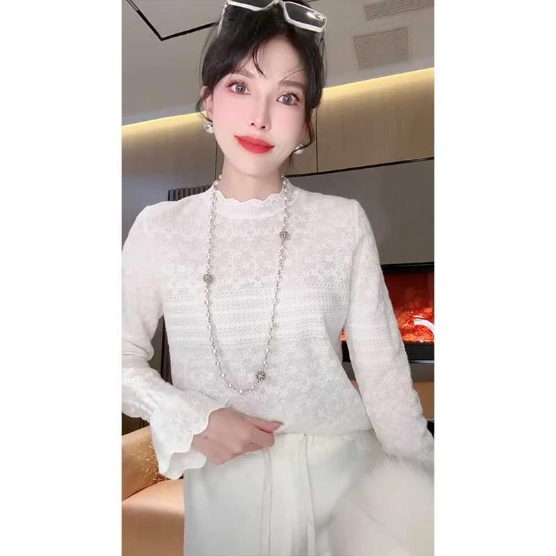 欧货花边圆领蕾丝钩花镂空针织衫女2025秋季新款百搭减龄打底衫