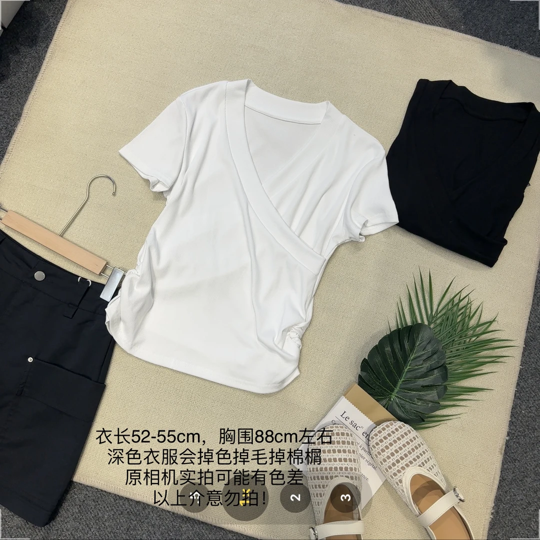 【小妹店】7209韩系交叉V领收腰短袖T恤