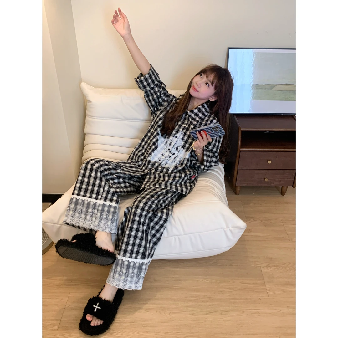 【黑白格纹】趣味印花睡衣女款春秋季2025新款长袖长裤家居服套装