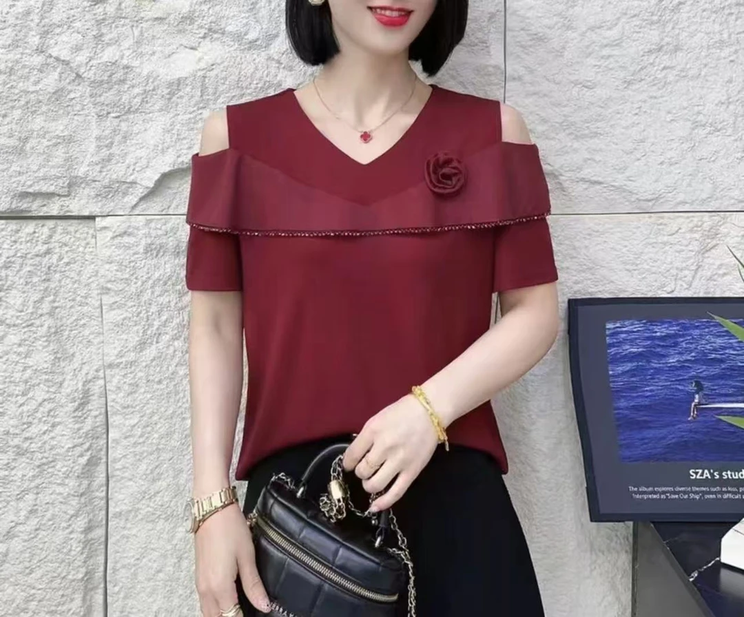 新品夏季V领半袖串珠透气修身百搭洋气女神打底上衣小衫#5612