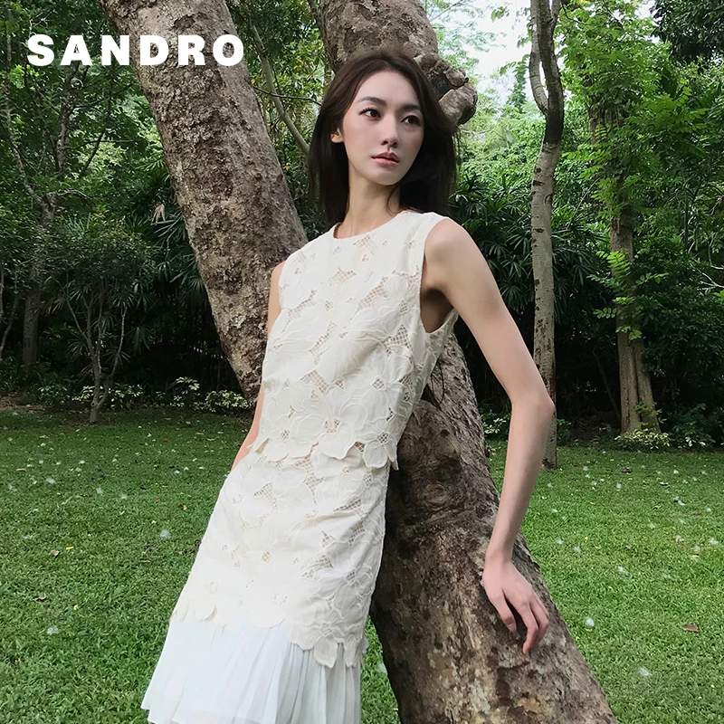 博主同款|SANDRO2025秋冬新款女装镂空花卉百褶连衣裙SFPRO04298