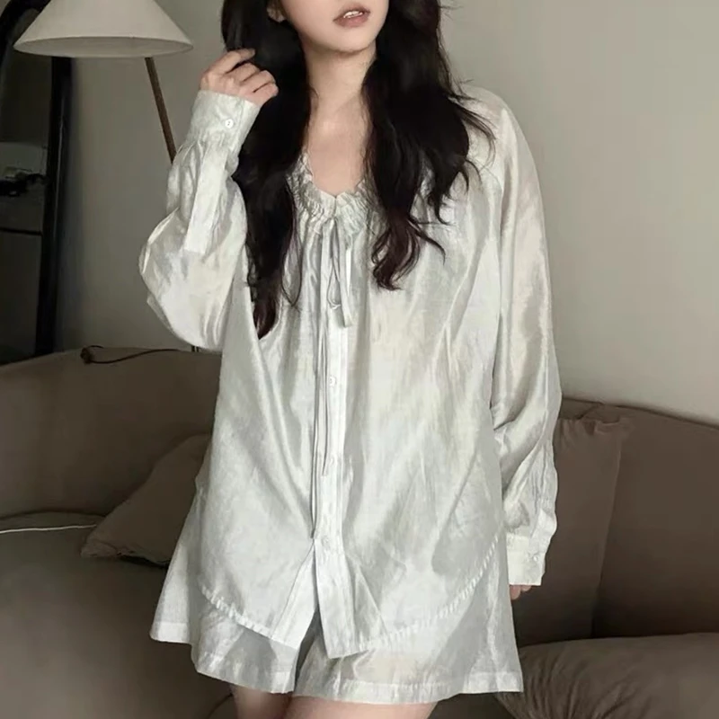 夏季薄款防晒蓝色衬衫短裤套装女