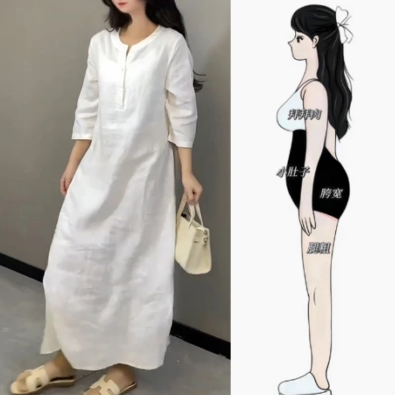 2025夏季薄款大码女装中袖休闲纯色长裙梨形身材显瘦侧开衩连衣裙