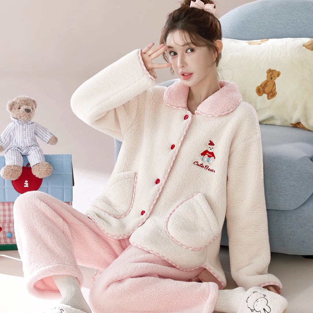【莎粒绒】可外穿甜美秋冬女士加绒法兰绒家居服柔软舒适保暖睡衣