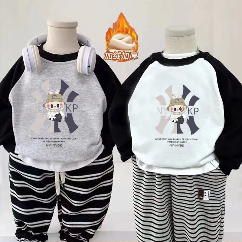 拉布布儿童卫衣加绒秋冬季新款中小童圆领百搭外穿上衣男童打底衫