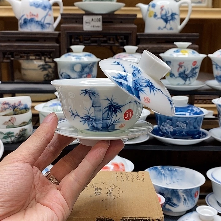 手绘咏竹悬停盖碗150cc釉下彩微瑕福利款