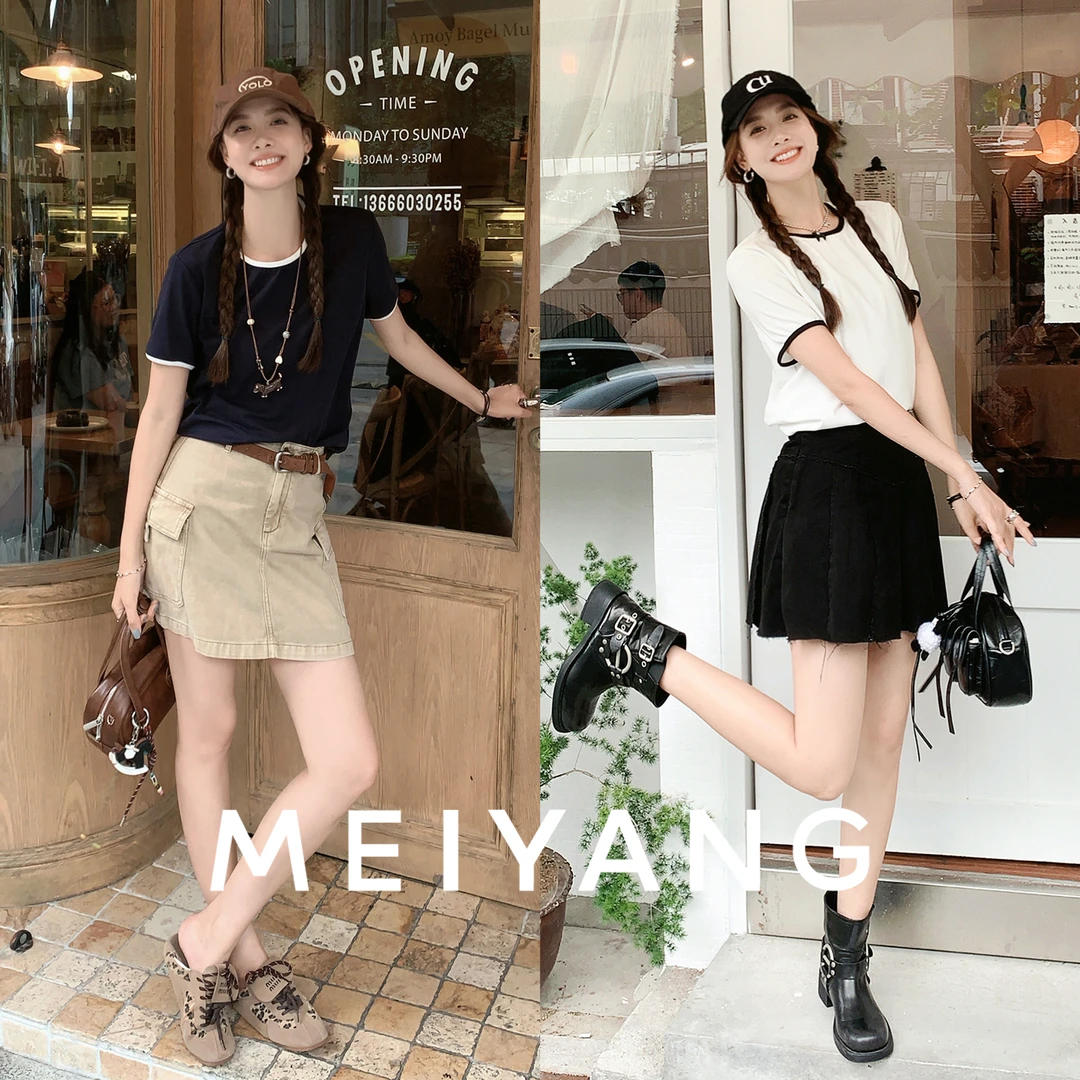 美洋MEIYANG【商场同款】小光线T  撞色描边圆领短袖上衣夏季