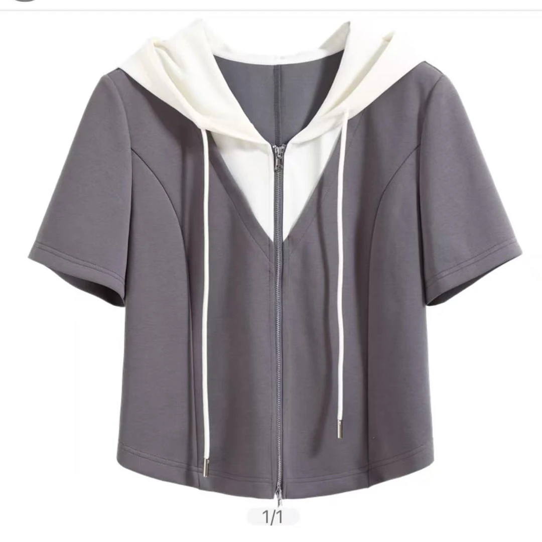 三彩2025夏新款女日常休闲连帽假两件收腰针织休闲外套夏季百搭