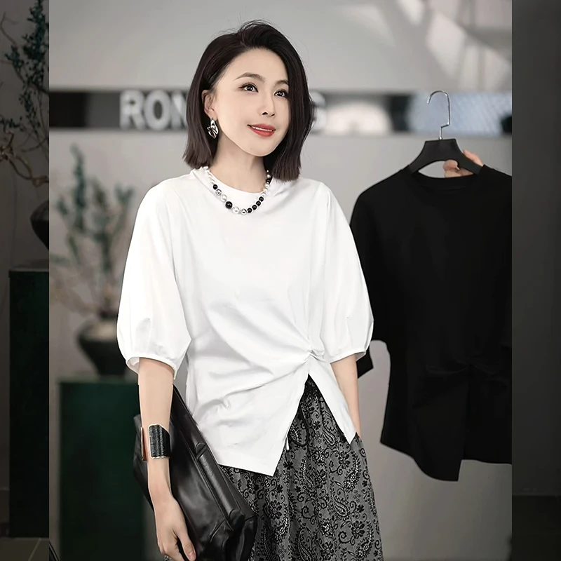 溶溶【个性风潮】RONGRONG 圆领显瘦温婉气质宽松短袖T恤25XT1001